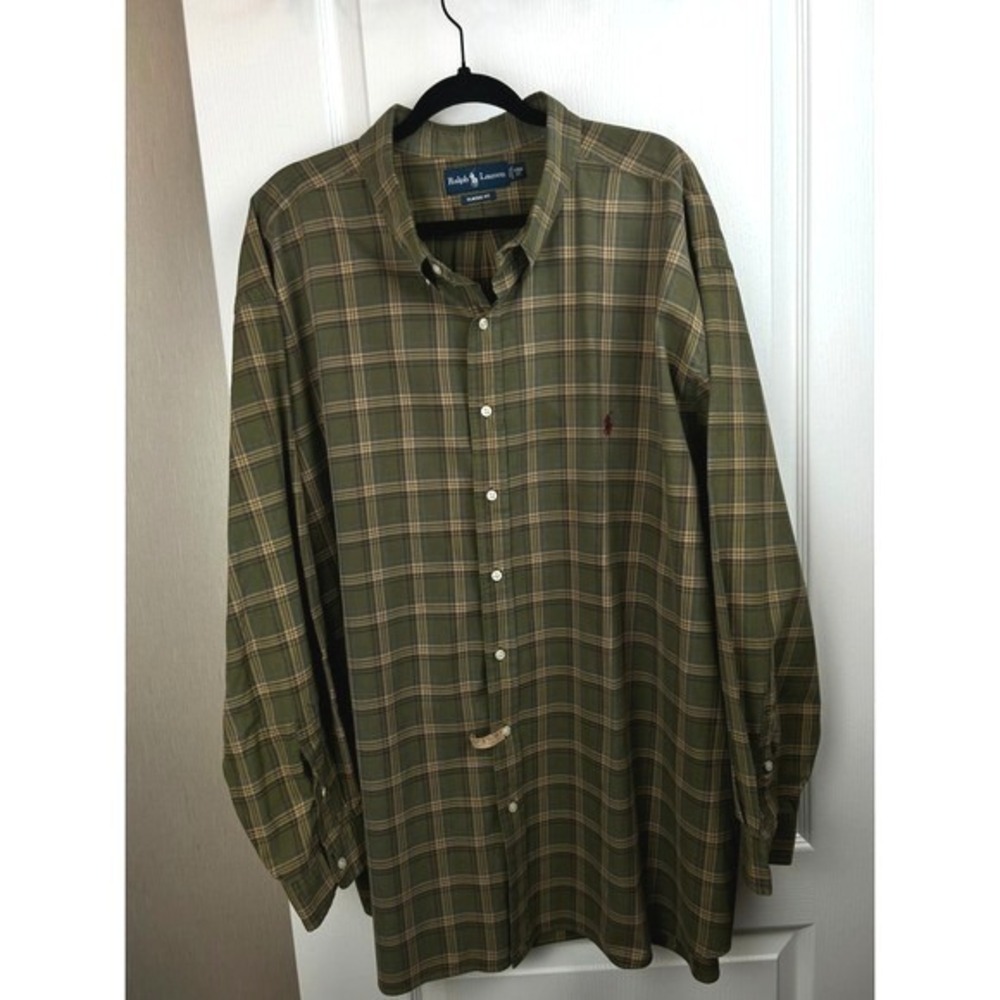 Ralph Lauren Mens Classic Fit Plaid Button Down Shirt Olive Green 4XB Big & Tall